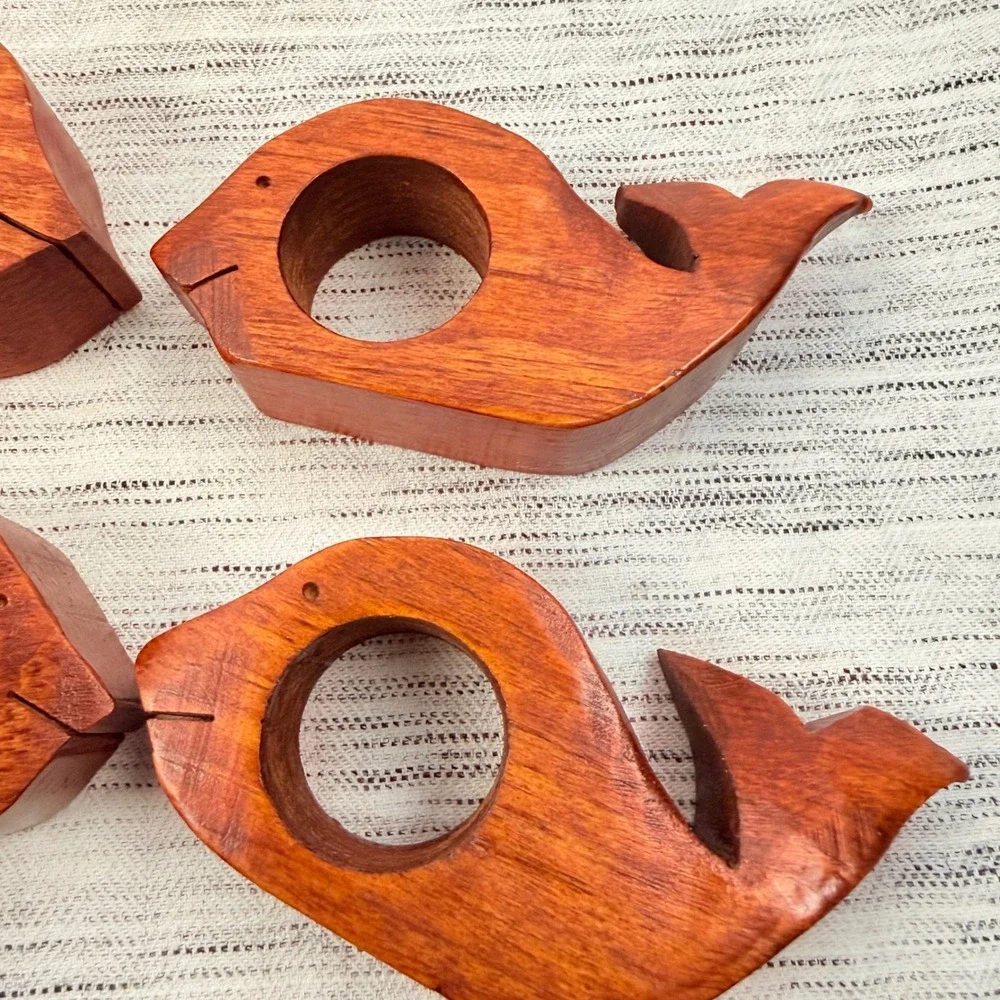 Hand-carved Wooden Whale‎ Napkin Rings Set of 4 Nautical Coastal Dinner Party